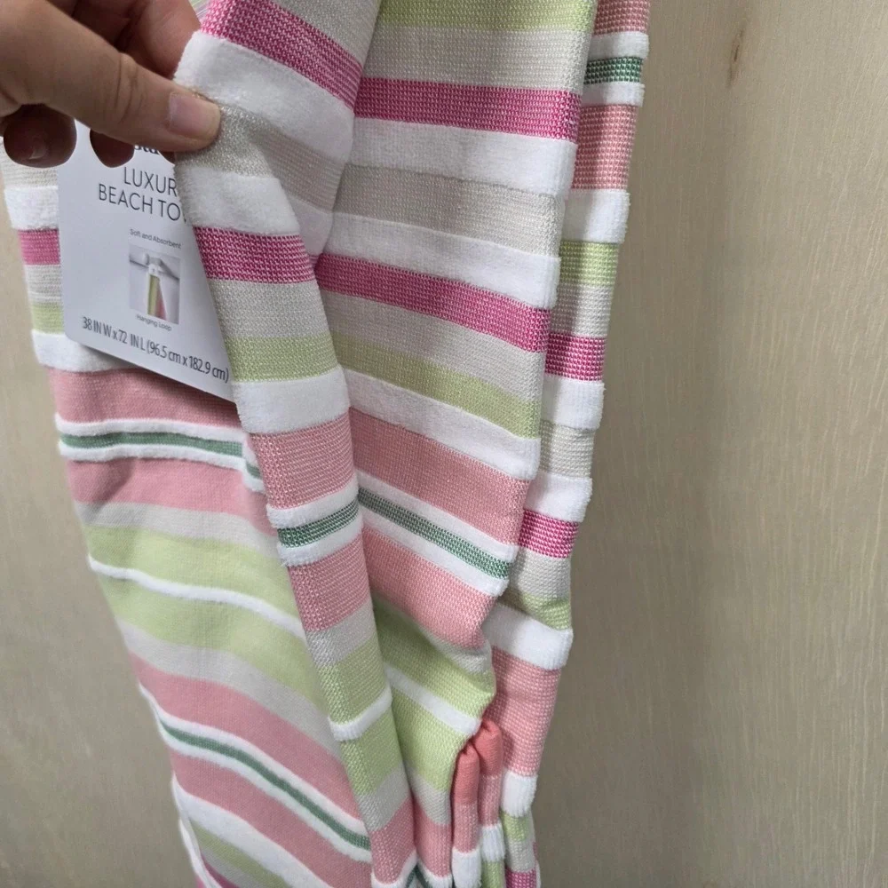 Better Homes & Gardens Luxury Beach Towel Pink Green St. Tropez Stripe 38x72 NEW